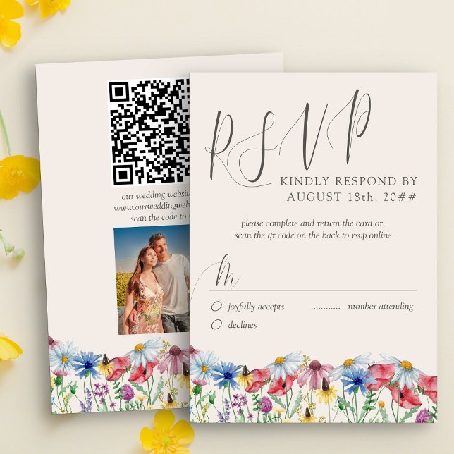 Wildflower Wedding Rustic Photo and QR Code RSVP (Wildflower Wedding RSVP card with custom photo, qr code and traditional response form )