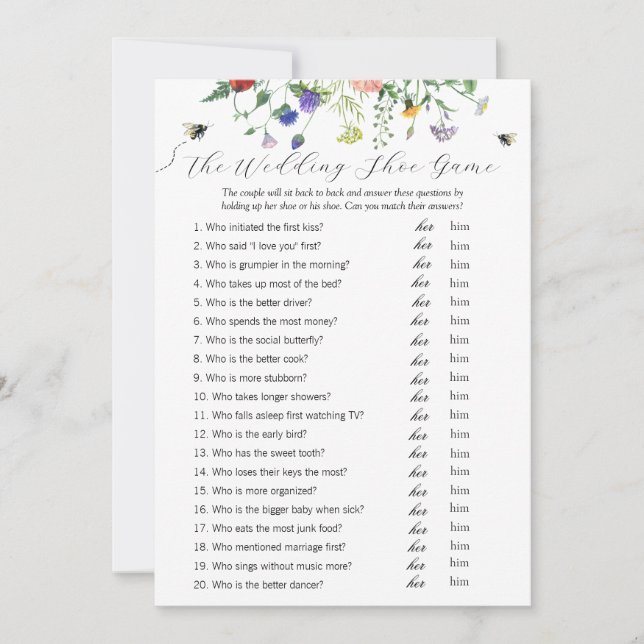 Wildflower Wedding Shoe Game Card (Front)