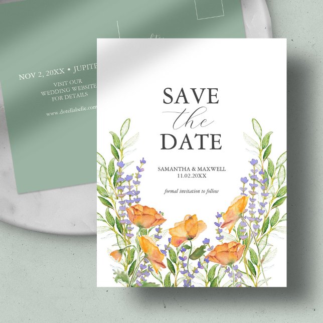 Wildflower Wedding Theme Save The Date Postcard (Save the date postcard watercolor wildflower blooms by Victoria Grigaliunas of Do Tell A Belle)