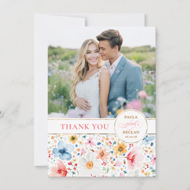 Wildflower Wedding Two Sided Thank You Photo Card (Front)