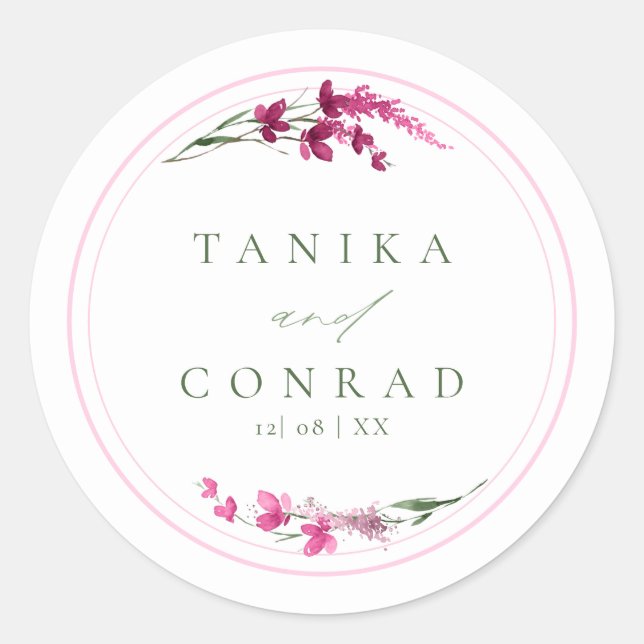 Wildflower Wedding Watercolor Names Fuchsia ID954 Classic Round Sticker (Front)
