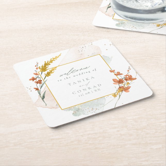 Wildflower Wedding Watercolor Welcome Gold ID954  Square Paper Coaster (Angled)