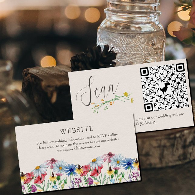 Wildflower Wedding Website Online RSVP QR Code Enclosure Card (QR Code enclosure cards for your wedding website with wildflower border and elegant calligraphy)