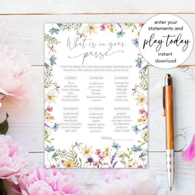Wildflower What's in your purse Bridal Shower Game Invitation (Creator Uploaded)