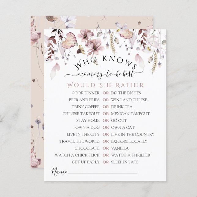 Wildflower Who knows mum best Baby Shower Game (Front/Back)