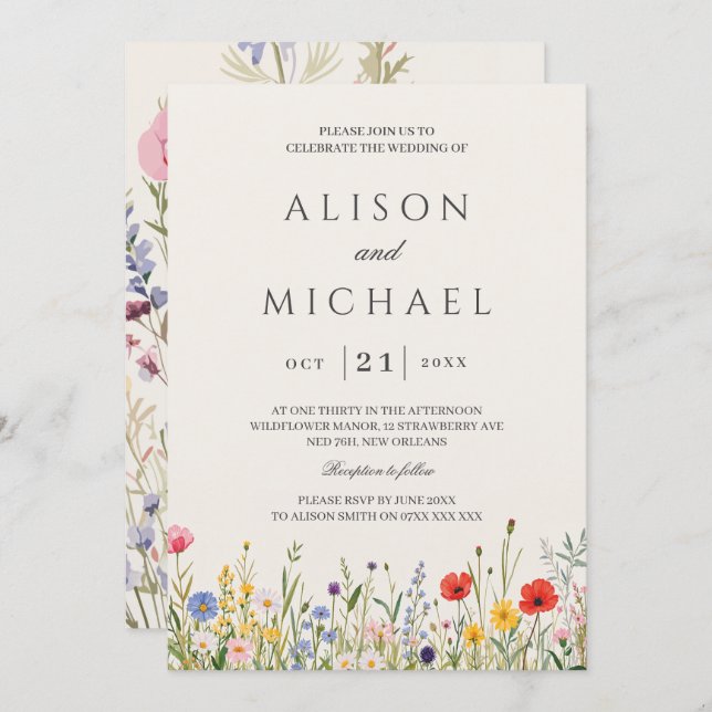 Wildflower Wild Flower Floral Garden Wedding  Invitation (Front/Back)