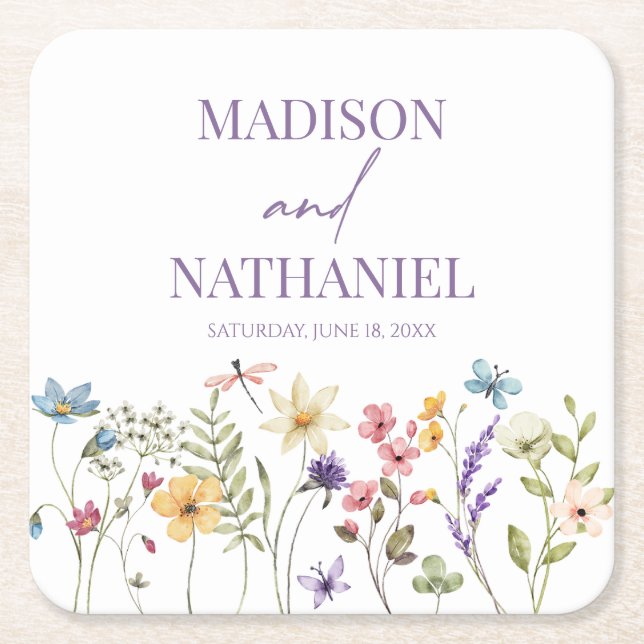 Wildflower Wild Flower Floral Garden Wedding Square Paper Coaster (Front)