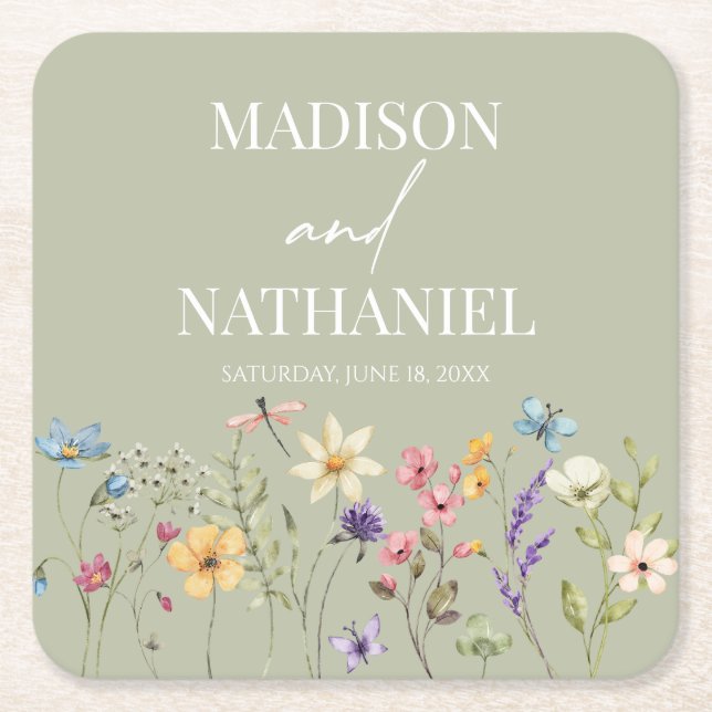 Wildflower Wild Flower Floral Garden Wedding Square Paper Coaster (Front)