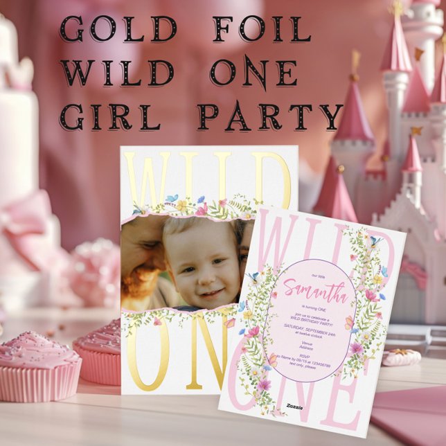 Wildflower Wild One Boho Girl Photo 1st Birthday (Wildflower Wild One Boho Girl Photo 1st (Any Age) Kids Pink Birthday Foil Invitation)