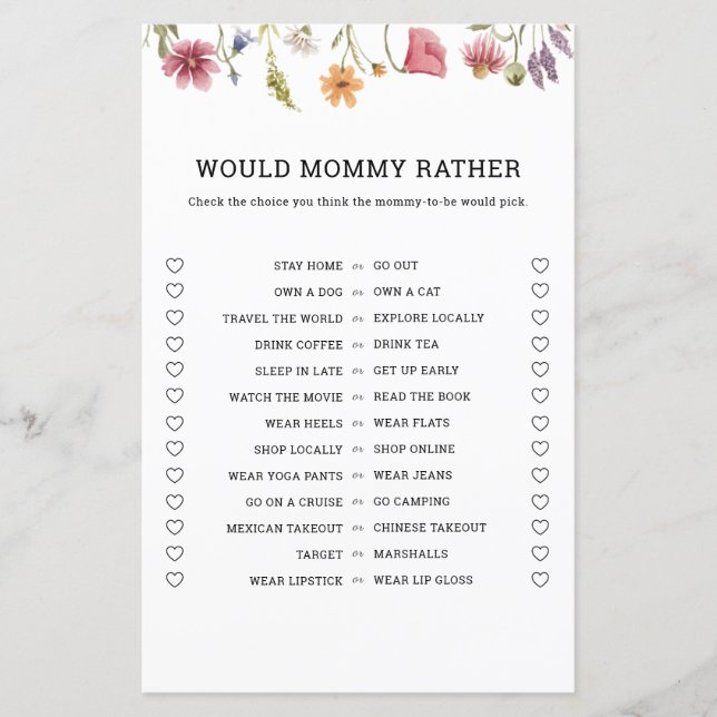 Wildflower Would Mummy Rather Baby Shower Game (Front)