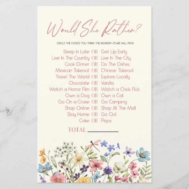 Wildflower Would She Rather Baby Shower Game (Front)