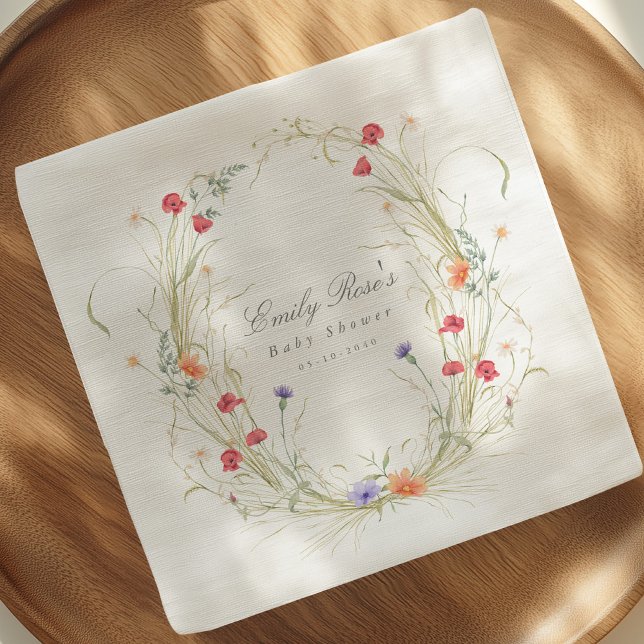 Wildflower Wreath-Baby in Bloom Baby Shower Party Napkin (Wildflower Meadows-Baby in bloom-botanical garden baby girl shower in spring.)