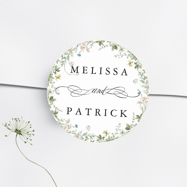 Wildflower Wreath Elegant Wedding  Classic Round Sticker (Creator Uploaded)