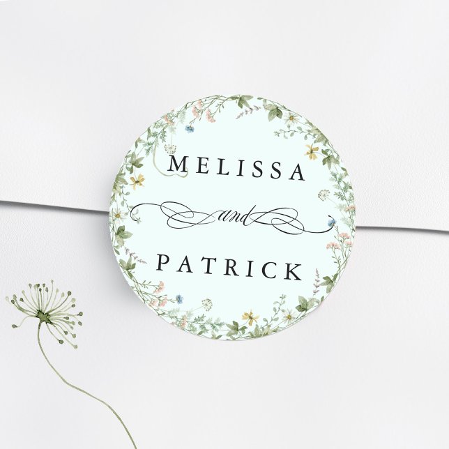 Wildflower Wreath Elegant Wedding Mint Classic Round Sticker (Creator Uploaded)