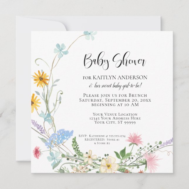 Wildflower Wreath Flowers Watercolor Baby Shower Invitation (Front)