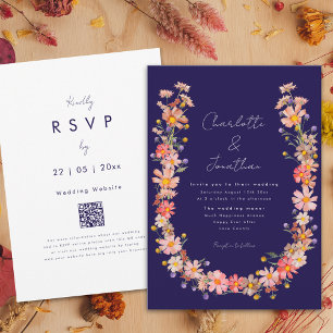 Wildflower Wreath Navy Blue Fall Wedding Invitation