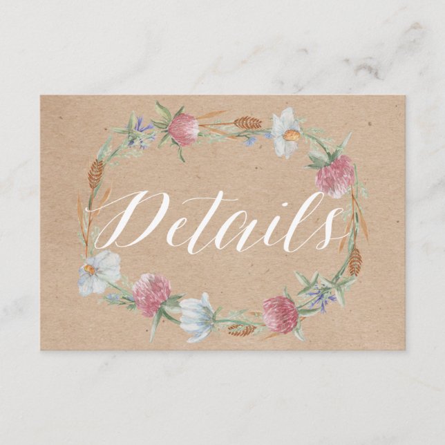 Wildflower Wreath On Kraft Country Wedding Detail Enclosure Card (Front)