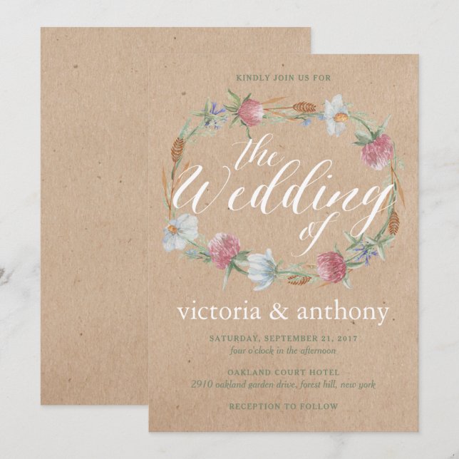 Wildflower Wreath On Kraft Country Wedding Invitation (Front/Back)
