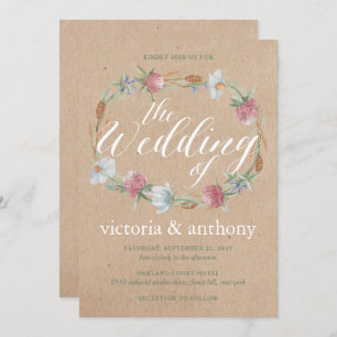 Wildflower Wreath On Kraft Country Wedding Invitation