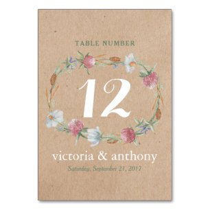 Wildflower Wreath On Kraft Country Wedding Number Table Number