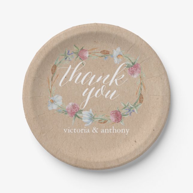 Wildflower Wreath On Kraft Country Wedding Paper Plate (Front)