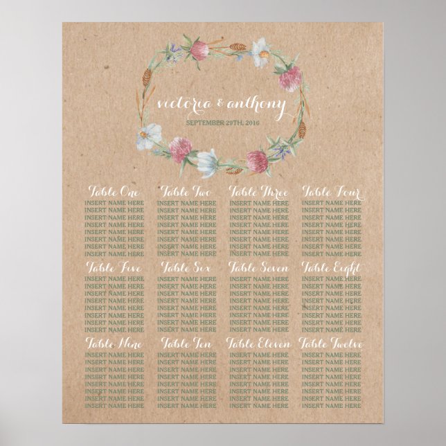 Wildflower Wreath On Kraft Country Wedding Seating Poster (Front)