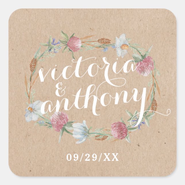 Wildflower Wreath On Kraft Country Wedding Square Sticker (Front)