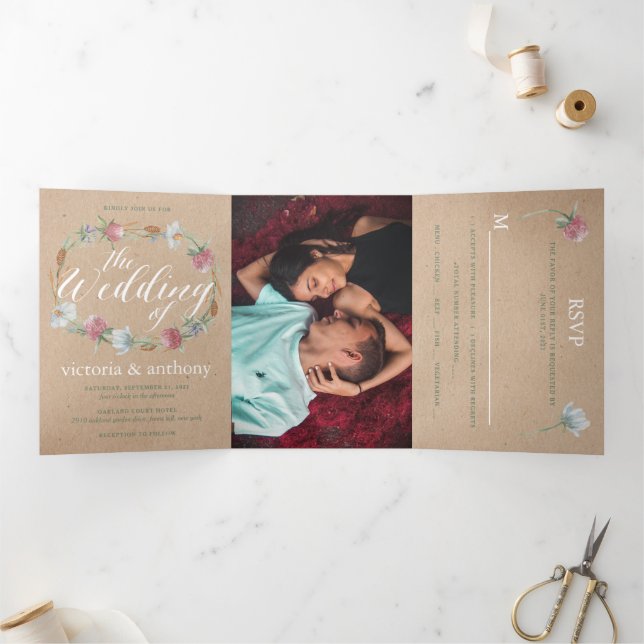 Wildflower Wreath On Kraft Country Wedding Suite Tri-Fold Invitation (Inside)