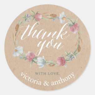 Wildflower Wreath On Kraft Country Wedding Thank Classic Round Sticker