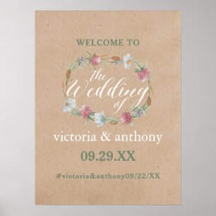 Wildflower Wreath On Kraft Country Wedding Welcome Poster