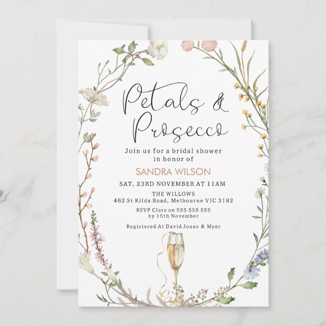 Wildflower Wreath Petals Prosecco Bridal Shower Invitation (Front)