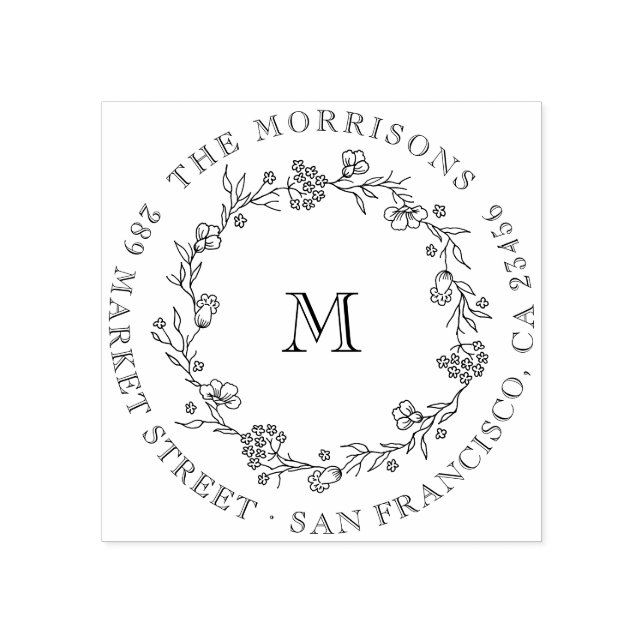 Wildflower Wreath Round Family Name Return Address Rubber Stamp (Imprint)