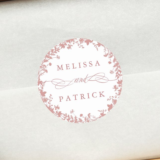 Wildflower Wreath Silhouette Wedding Dusty Pink  Classic Round Sticker (Creator Uploaded)