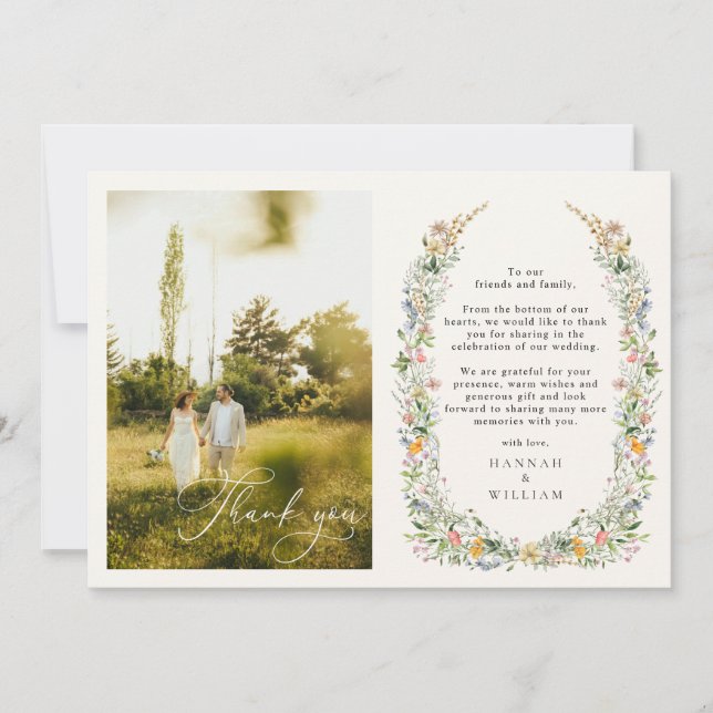 Wildflower Wreath Wedding Photo Thank You Card (Front)