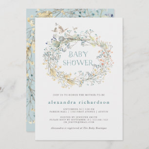 Wildflower Wreath with Butterfly   Baby Shower Invitation