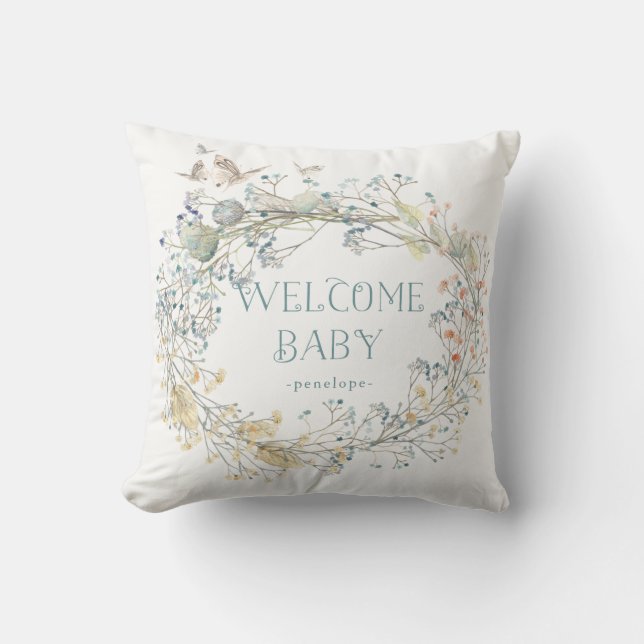 Wildflower Wreath with Butterfly | Welcome Baby Cushion (Front)