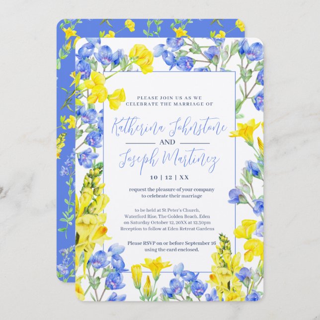 Wildflower yellow blue watercolor botanic wedding invitation (Front/Back)