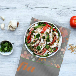 Wildflower yellow boho pattern custom name grey tea towel