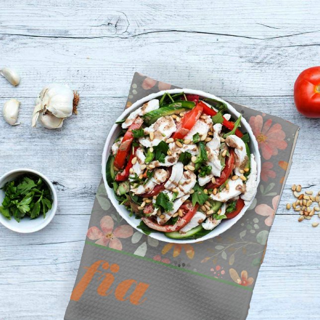 Wildflower yellow boho pattern custom name grey tea towel (Creator Uploaded)