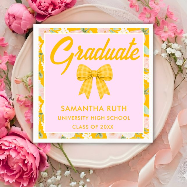Wildflower Yellow Gingham Bow Graduation Party Napkin (Creator Uploaded)