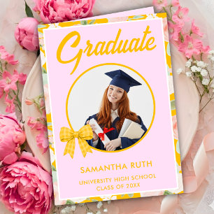 Wildflower Yellow Gingham Bow Photo Graduation  Card