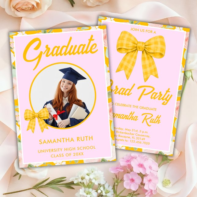Wildflower Yellow Gingham Bow Photo Graduation Invitation (Creator Uploaded)