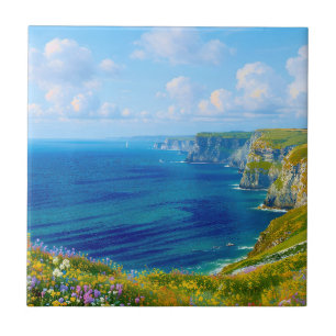 "Wildflowers Above the Sea" – A Welsh Seascape Ceramic Tile