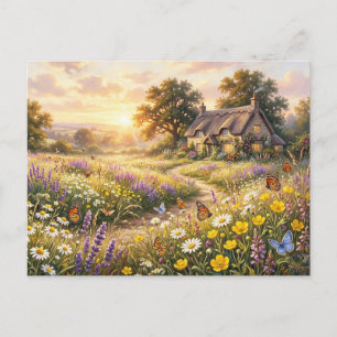 Wildflowers and a Cute Cottage Postcard