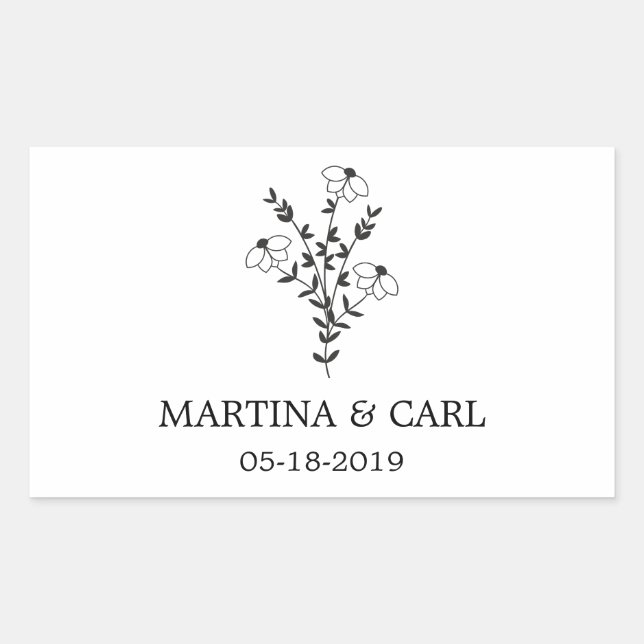 Wildflowers and Branches Wedding Monogram in Black Rectangular Sticker (Front)