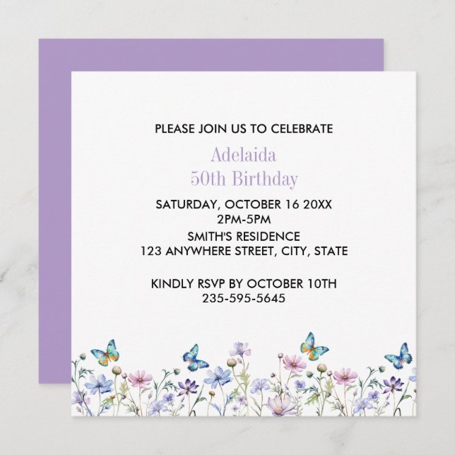 Wildflowers and Butterflies Birthday  Invitation (Front/Back)