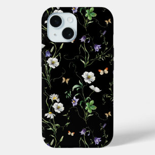 Wildflowers and Butterflies On Black iPhone 15 Case