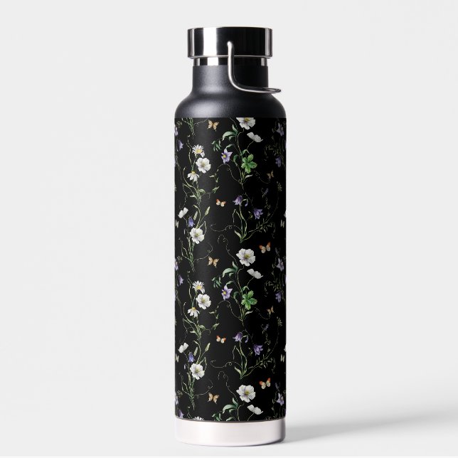 Wildflowers and Butterflies On Black Water Bottle (Left)