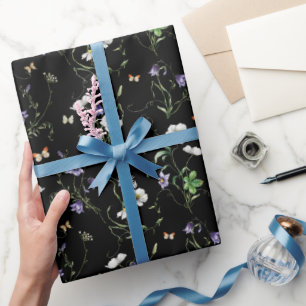 Wildflowers and Butterflies On Black Wrapping Paper