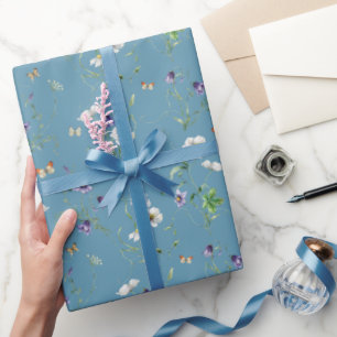 Wildflowers and Butterflies On Blue Wrapping Paper